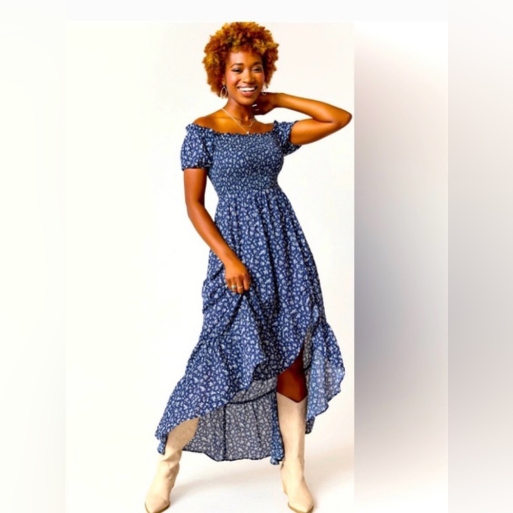 Crystal Doll Blue Maxi Dress with White Floral Print